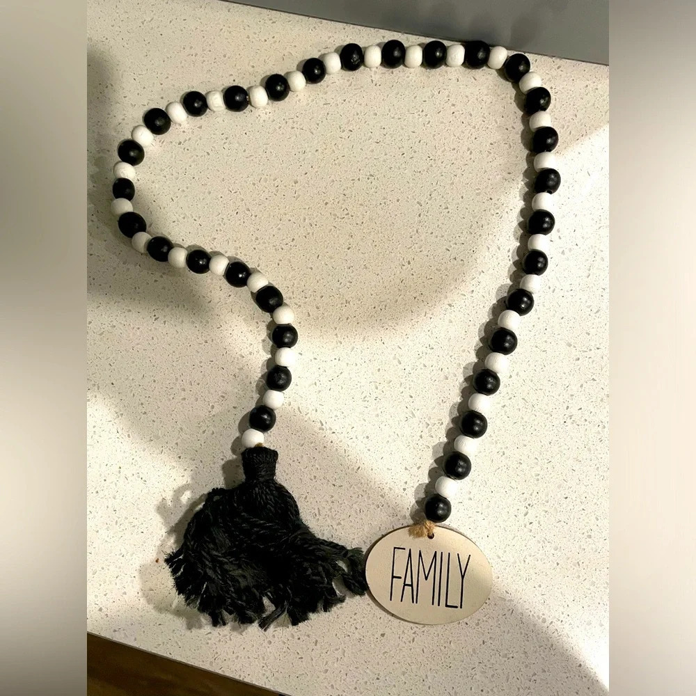 Holiday time Black&White Wood Bead Garland with Tassel for wall or tray decor